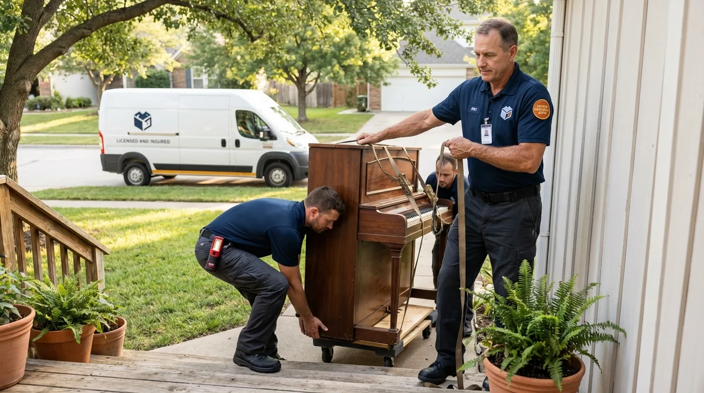 Licensed piano movers securing grand piano in Lake Nebagamon, WI