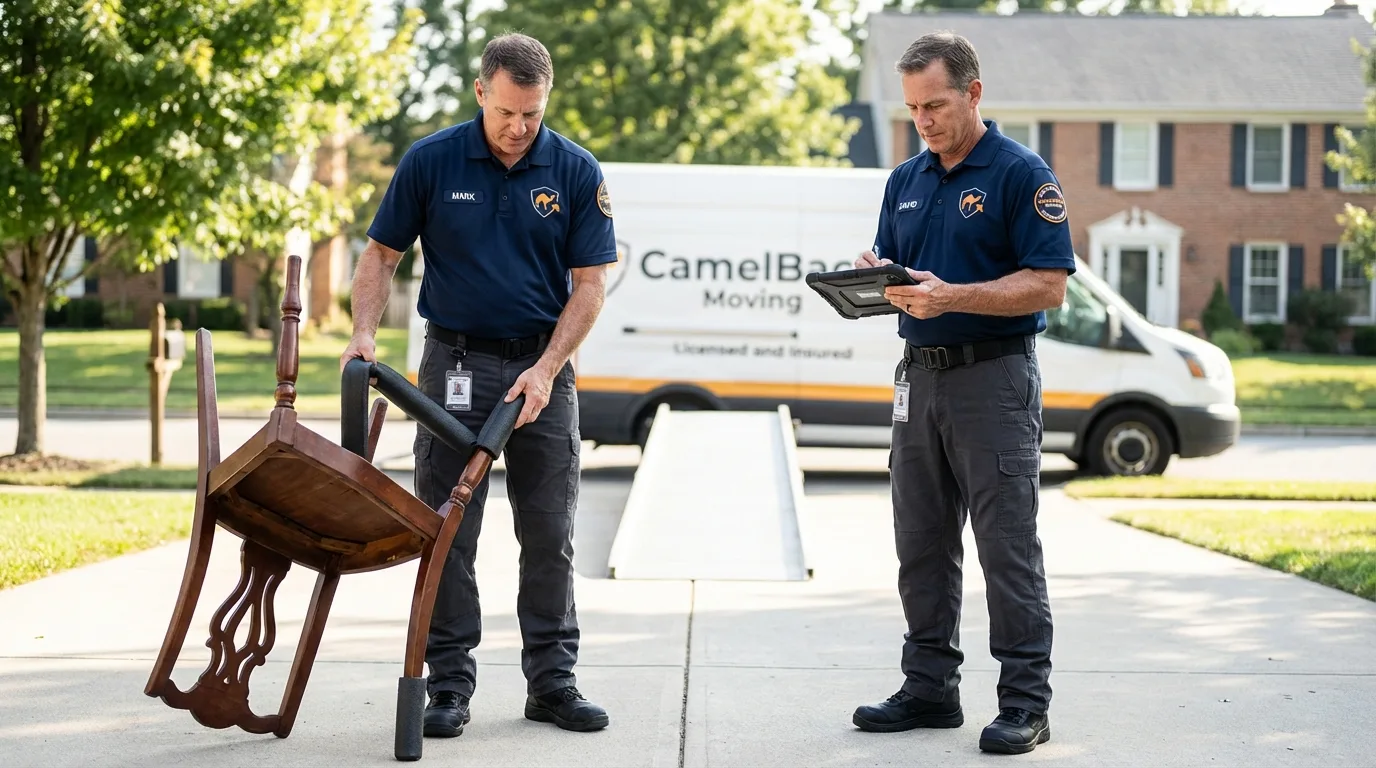 Movers inspecting furniture for damage prevention before loading in Lake Nebagamon, WI