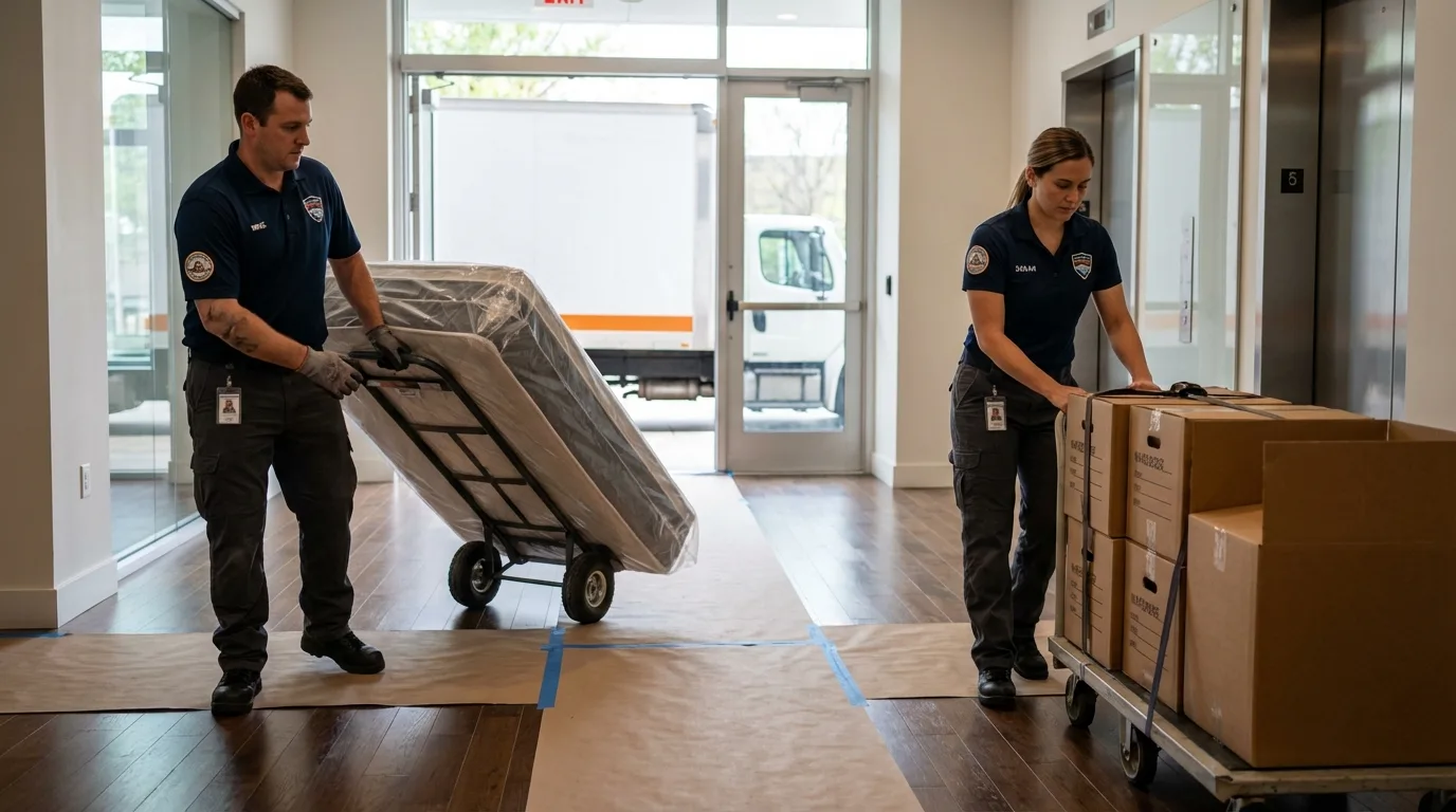 Professional apartment movers loading elevator in Lake Nebagamon, WI