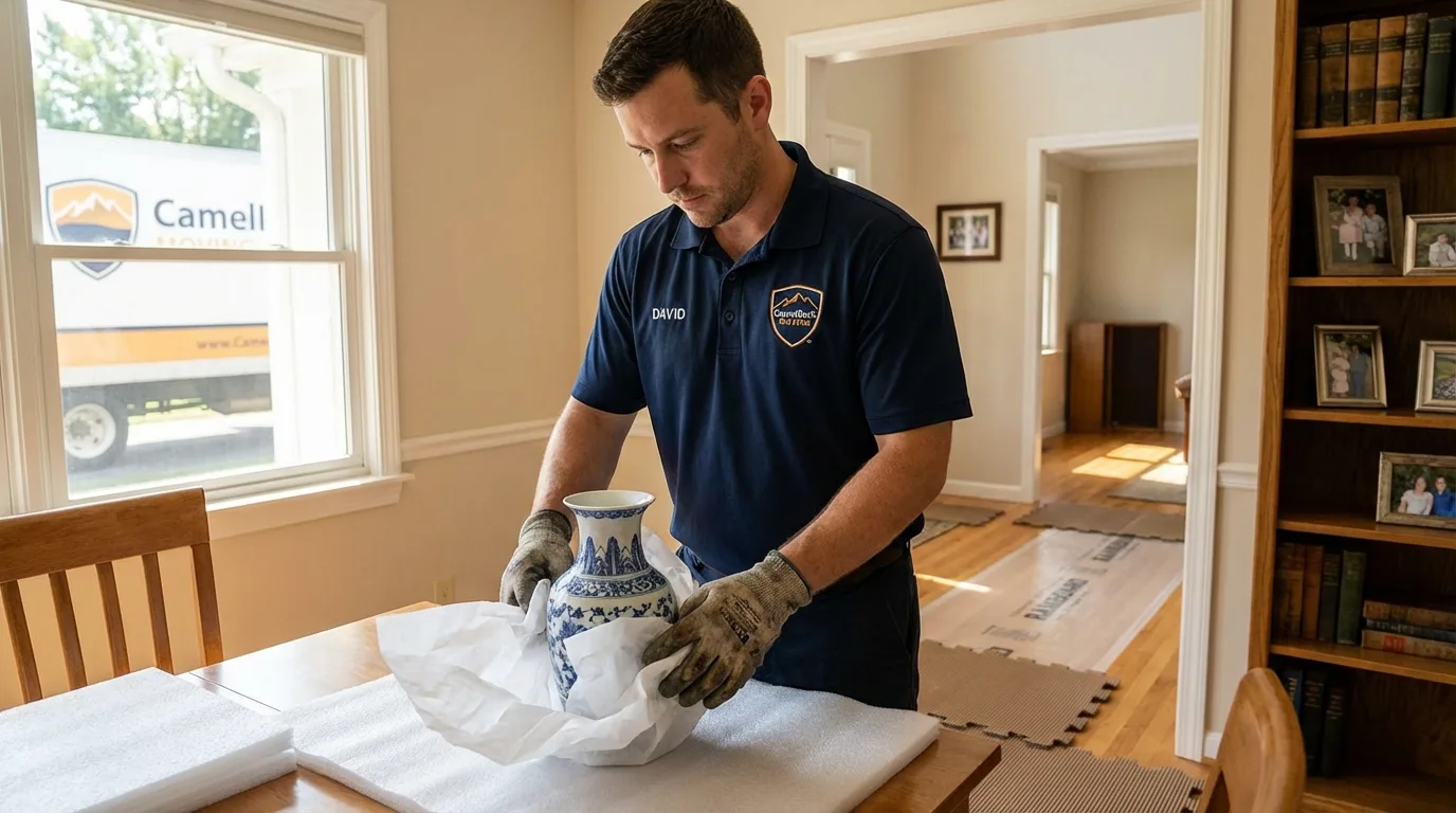Professional crew carefully wrapping antique vase for senior downsizing move in Lake Nebagamon, WI