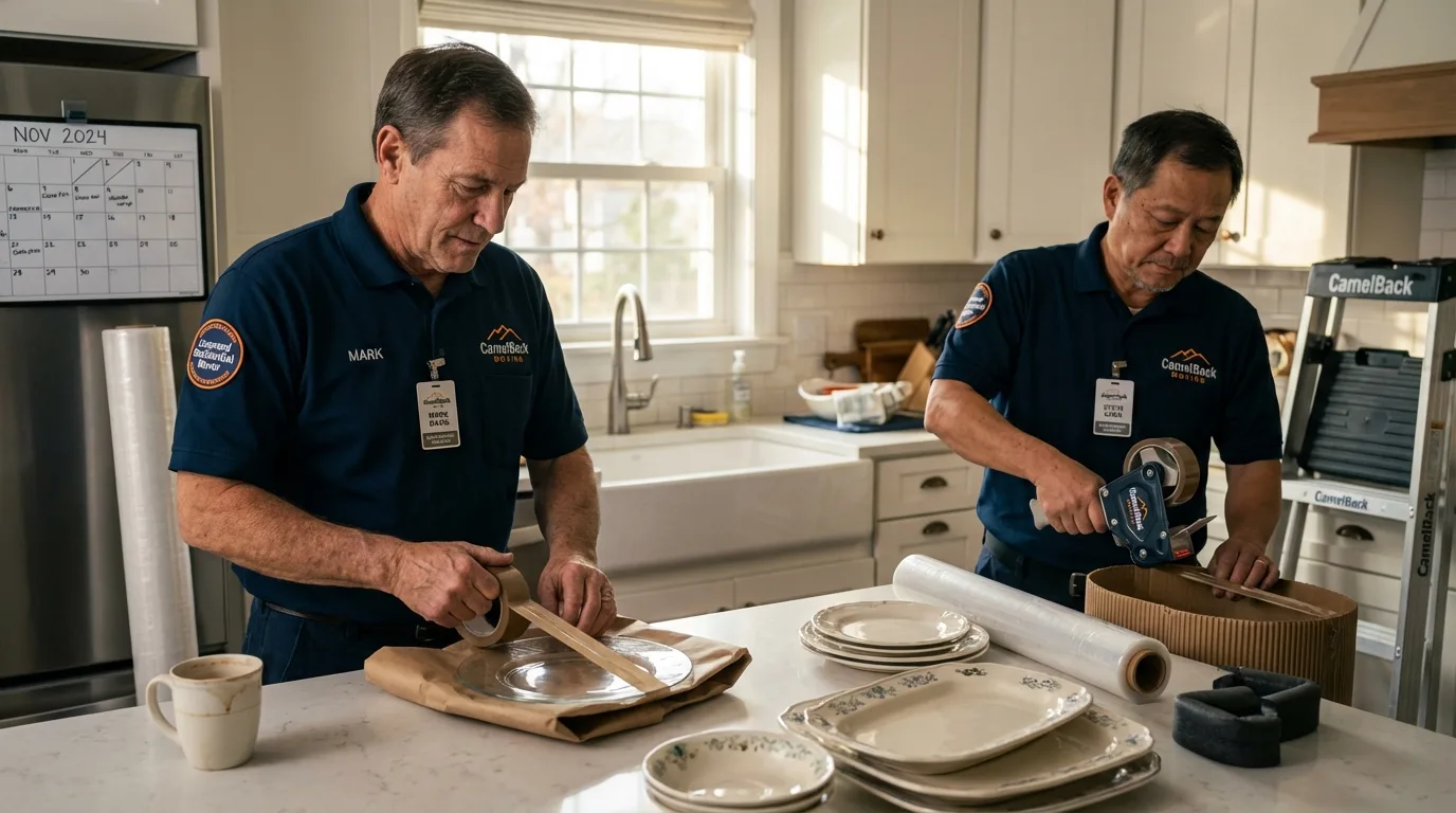 Professional crew packing kitchen dishware in Lake Nebagamon, WI